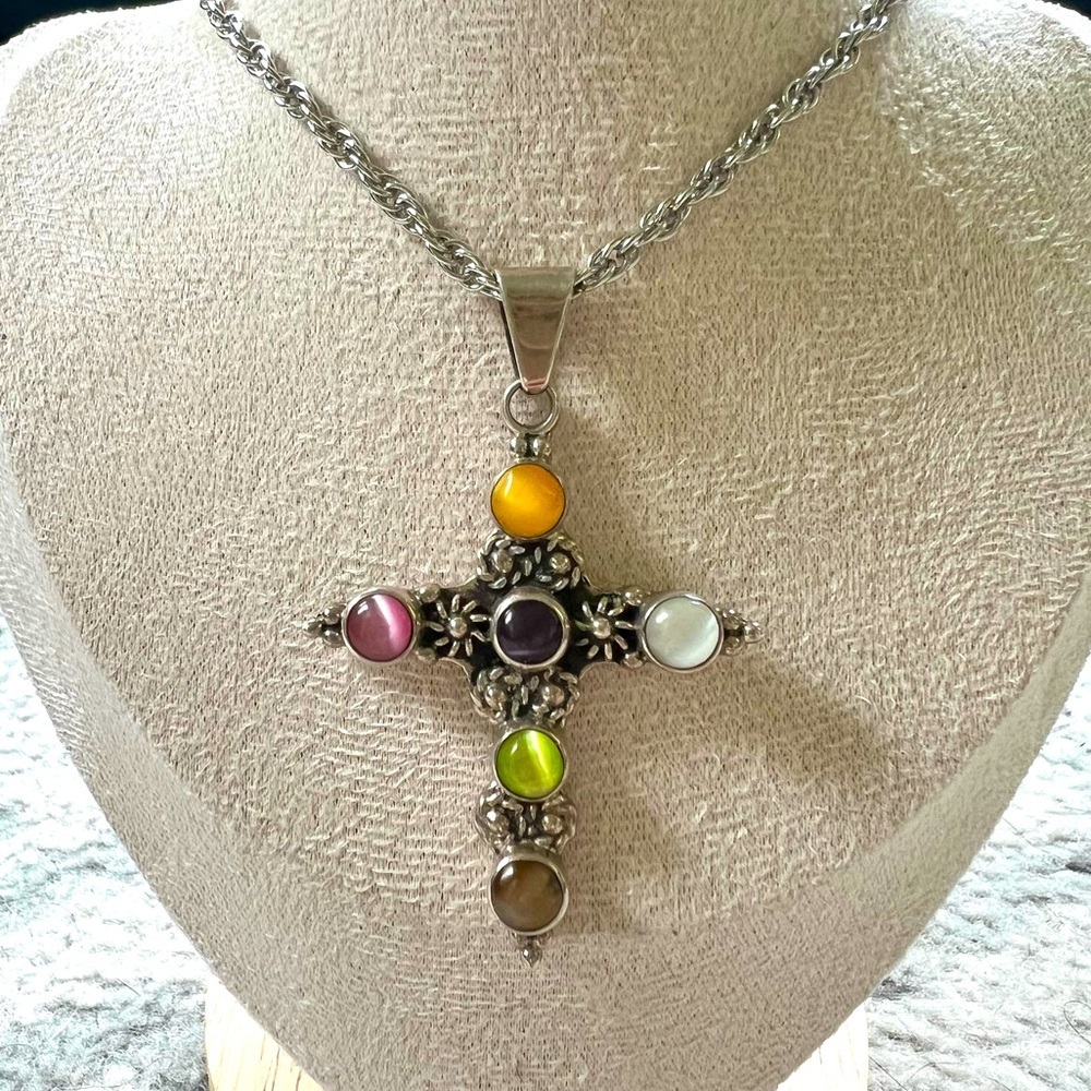 Vintage Sterling Silver Large Floral Cross Pendant Cats Eye Multicolor Stones